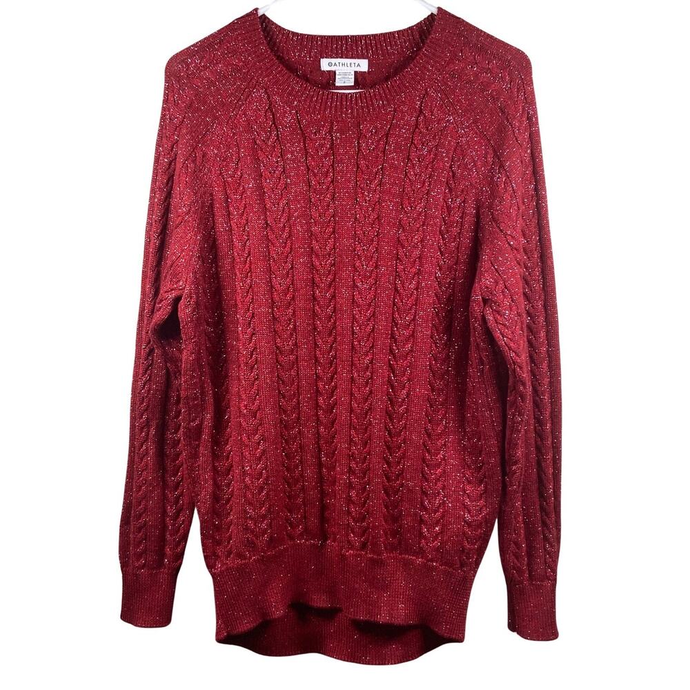 Athleta Red Silver Metallic Thread Long Sleeve Pullover CableKnit Sweater Size S